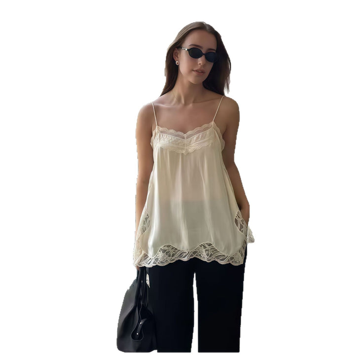 Damer elegant bluse med blonde og tynne stropper Skjora