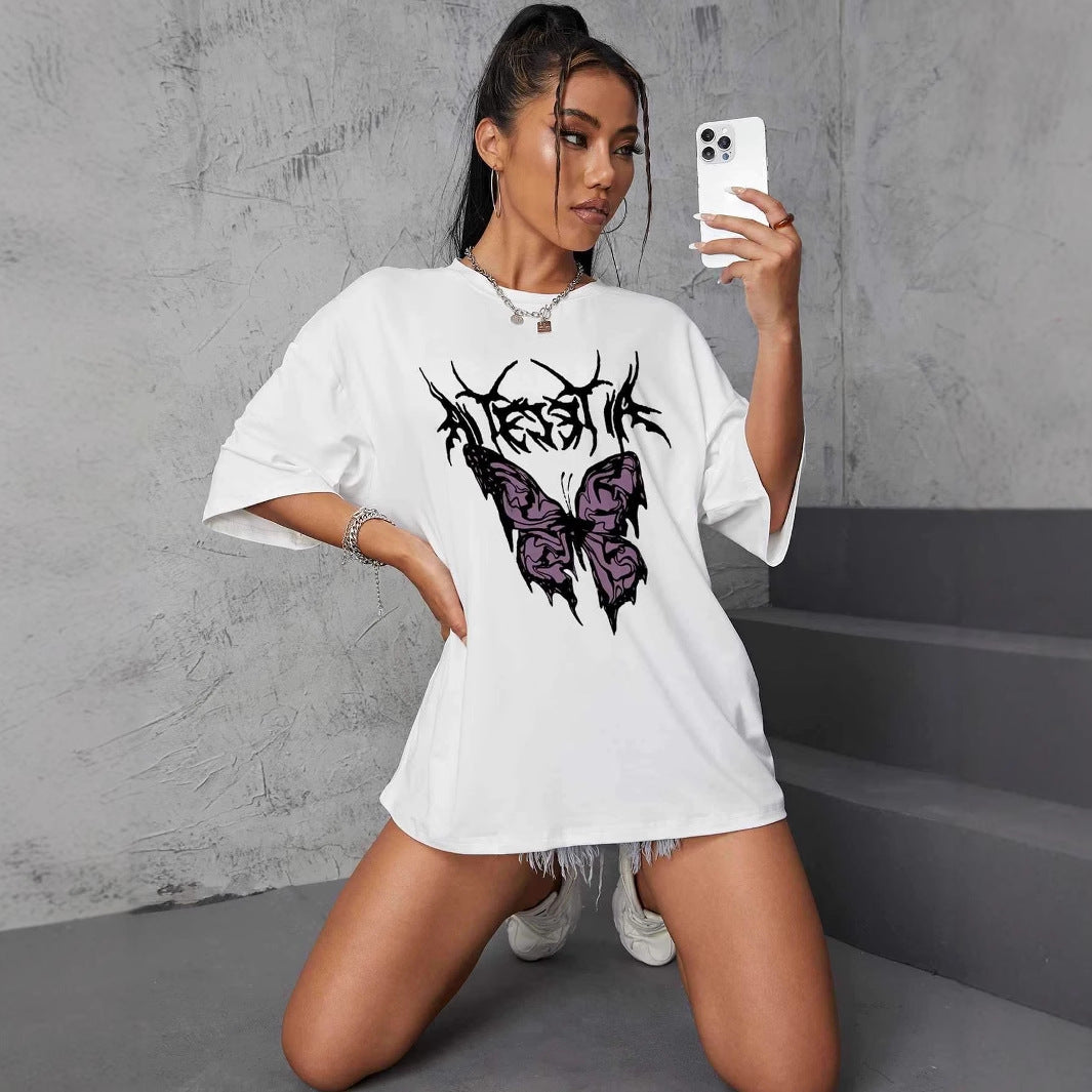 Dame oversized T-skjorte med kreativ sommerfugl-design Skjora