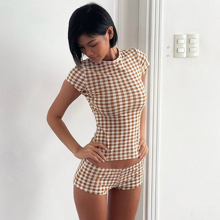 Dame Kortermet topp og shorts-sett i rutete design Skjora