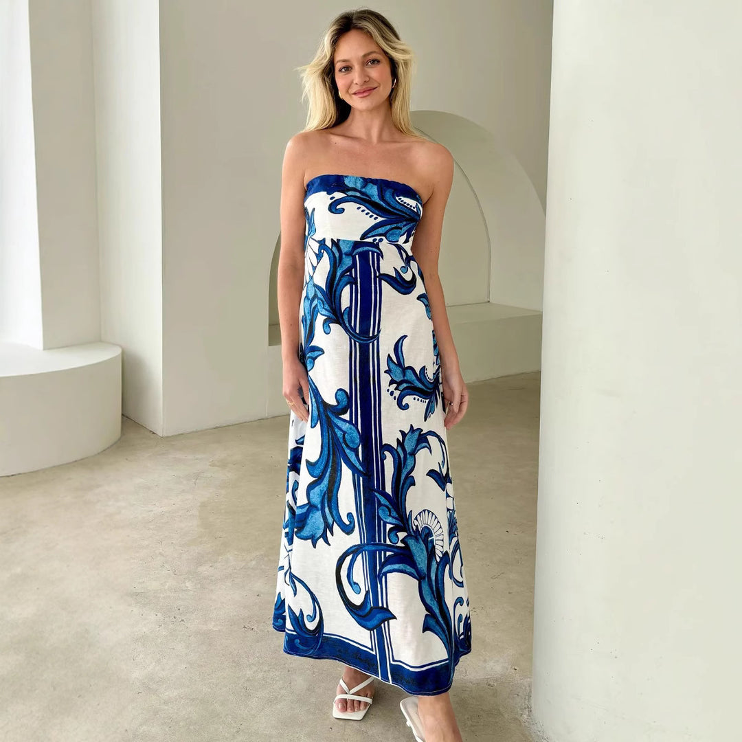Kvinnenes Bandeau Maxi Kjole med Elegant Blomsterprint og Flytende Snitt