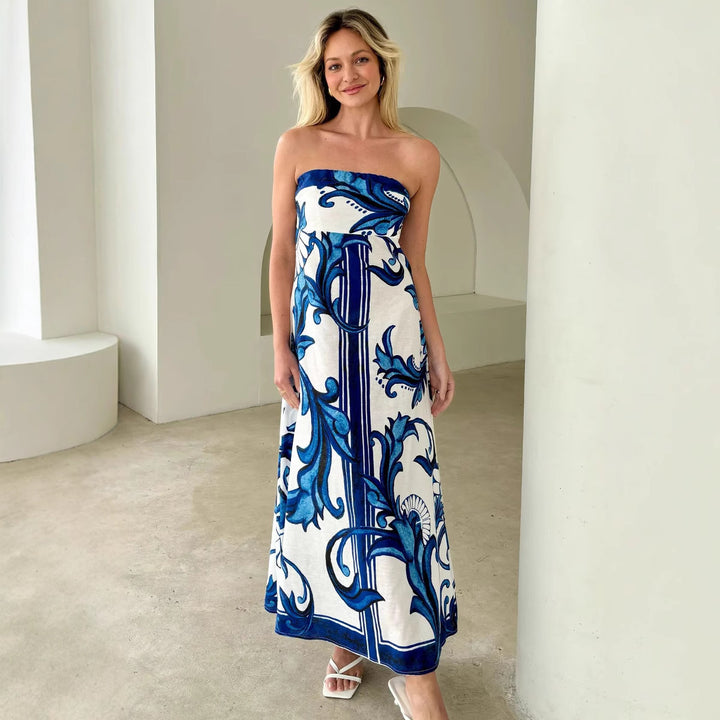 Kvinnenes Bandeau Maxi Kjole med Elegant Blomsterprint og Flytende Snitt