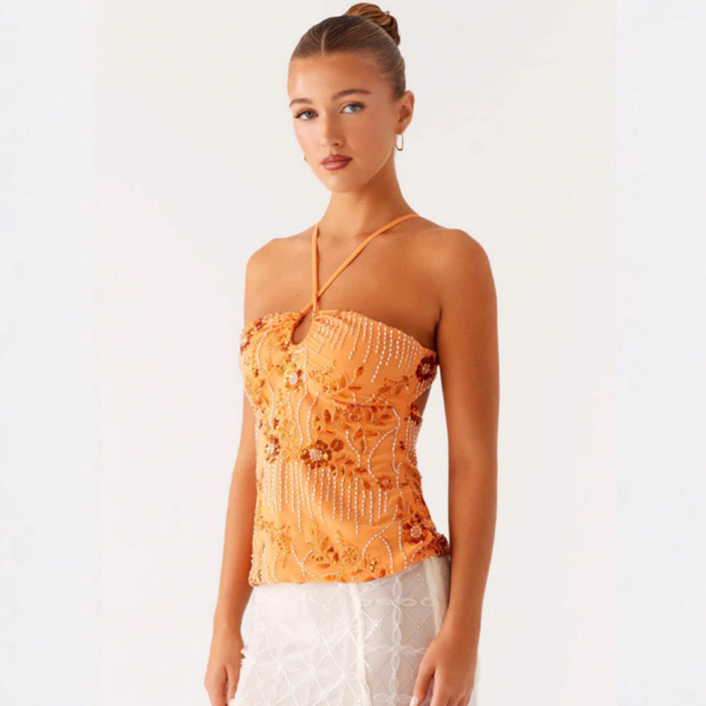 Kvinner Glitrende Bustier Top med Blomsterdesign og Funklende Applikasjoner