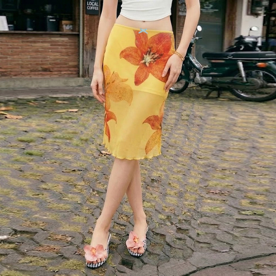Dame midi skjørt med blomstrete chiffon og elastisk liv Skjora