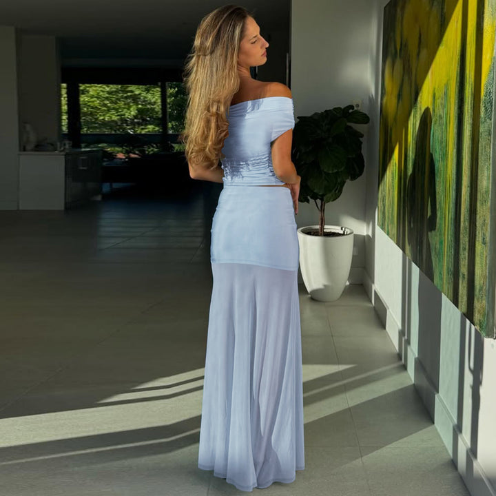 Dame Elegant Offshoulder Maxi-sett med gjennomsiktig skjørt og rynket overdel Skjora