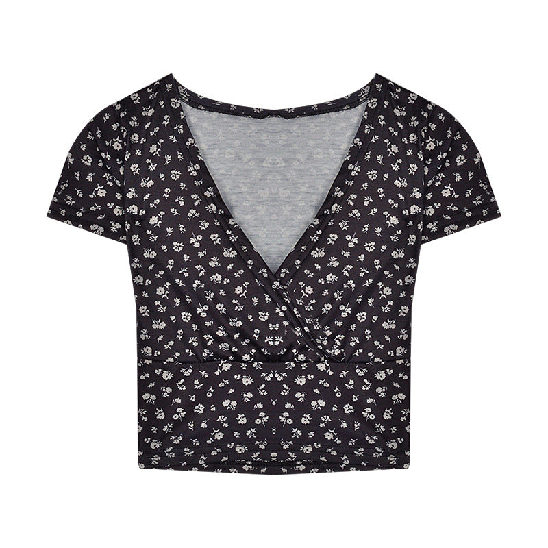 Kvinne crop top med blomster mønster og elegant V-hals