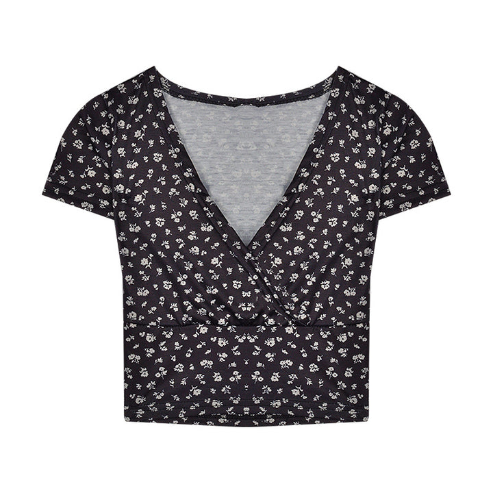 Kvinne crop top med blomster mønster og elegant V-hals