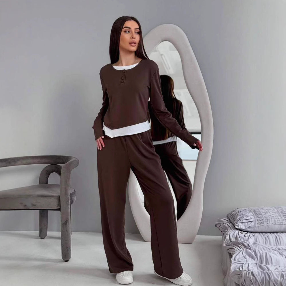 Dames loungewear sett med langermet skjorte og vide bukser
