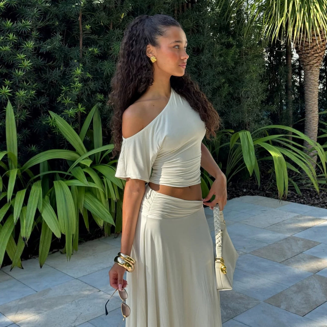 Dame Elegant Maxikjole med asymmetrisk design og rynking Skjora