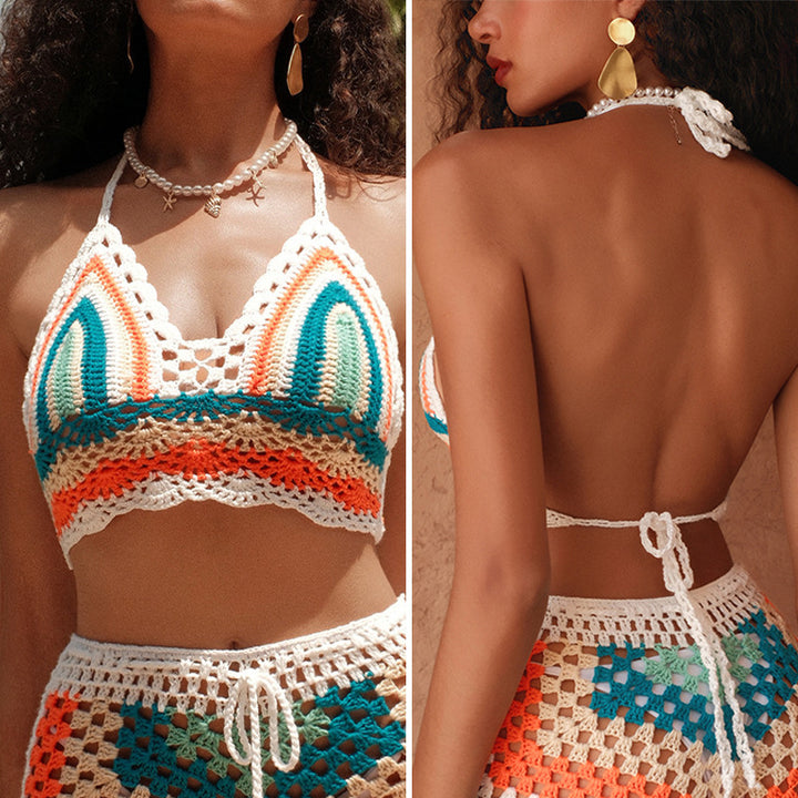 Damen gehäkeltes Bikinioberteil mit buntem Muster und verstellbaren Trägern Skjora