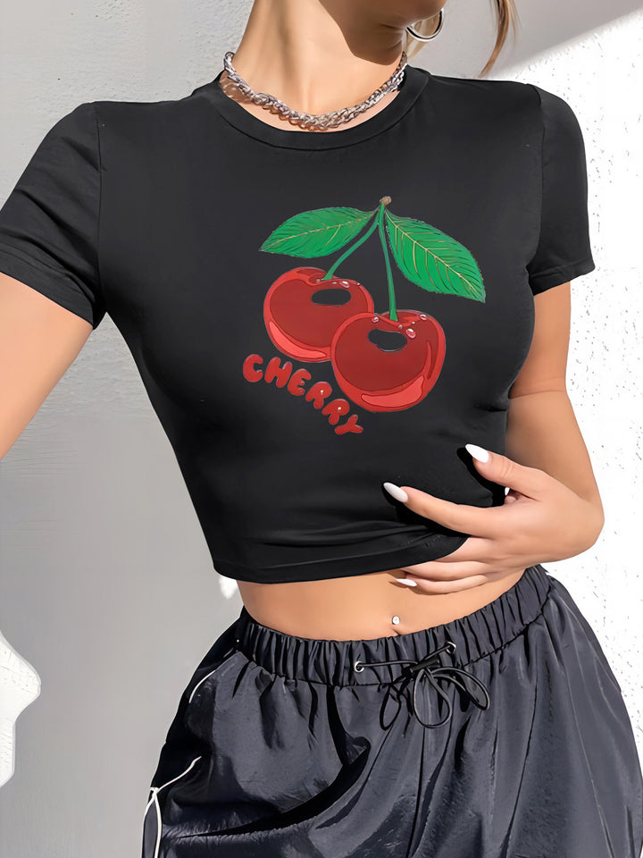 Dame Crop-T-skjorte med glad kirsebærmotiv Skjora