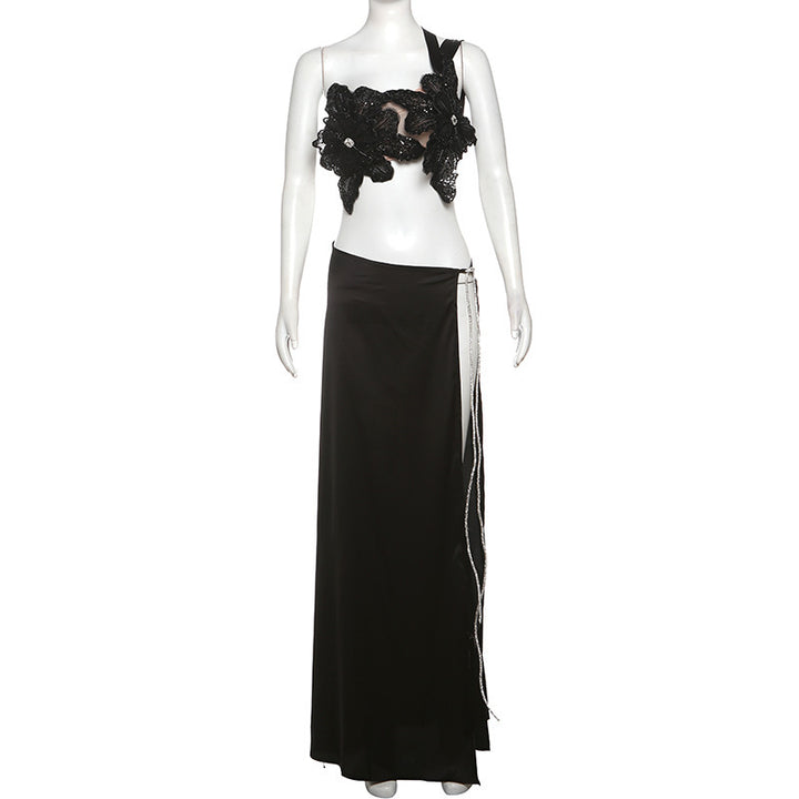 Damen Elegantes Abendkleid mit floralen Applikationen und schwingendem Tüllrock Skjora