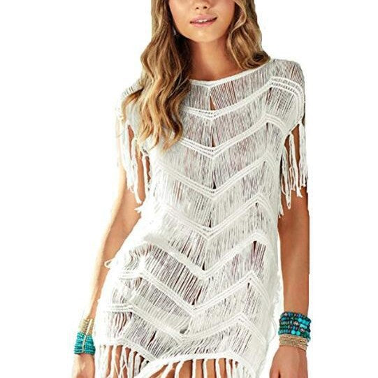 Damen luftiger Häkel-Strandponcho mit Fransen und elegantem Design Skjora