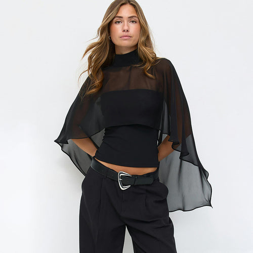 Dame elegant topp med transparente vinge-ermer Skjora