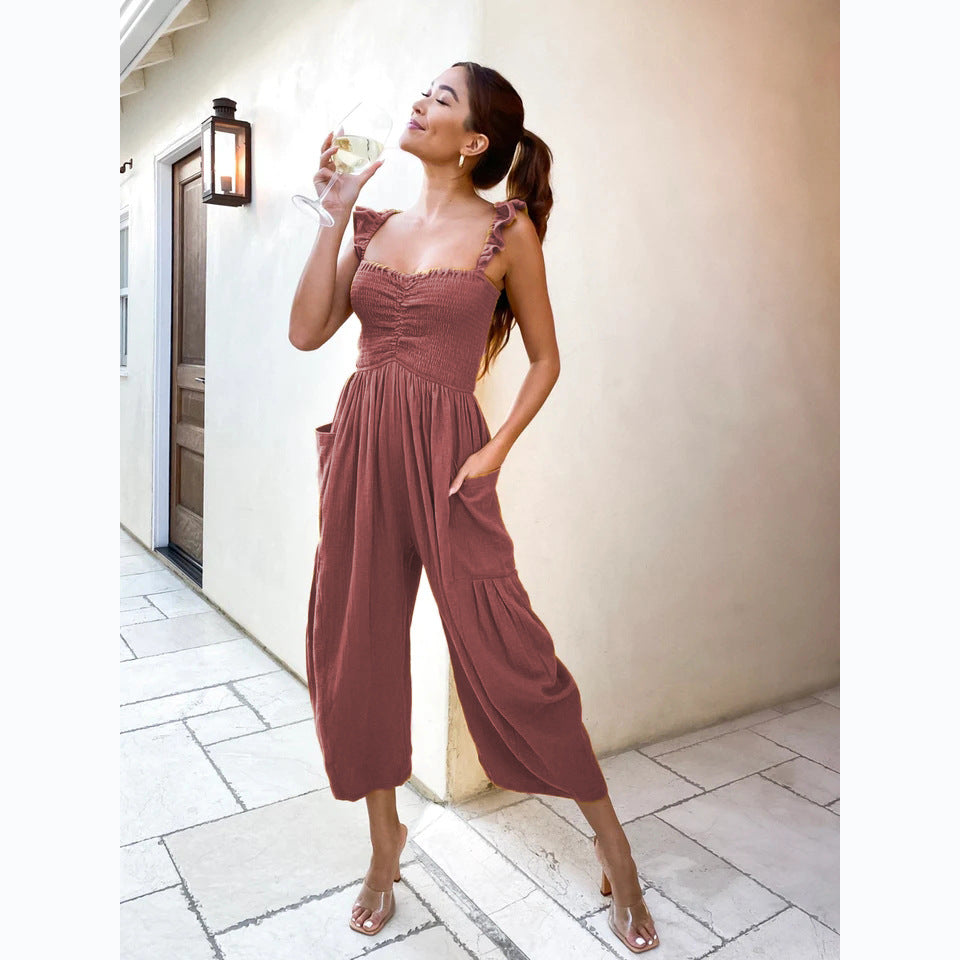 Dame Casual Jumpsuit med Frynset Skulderstropper og Praktiske Lommer