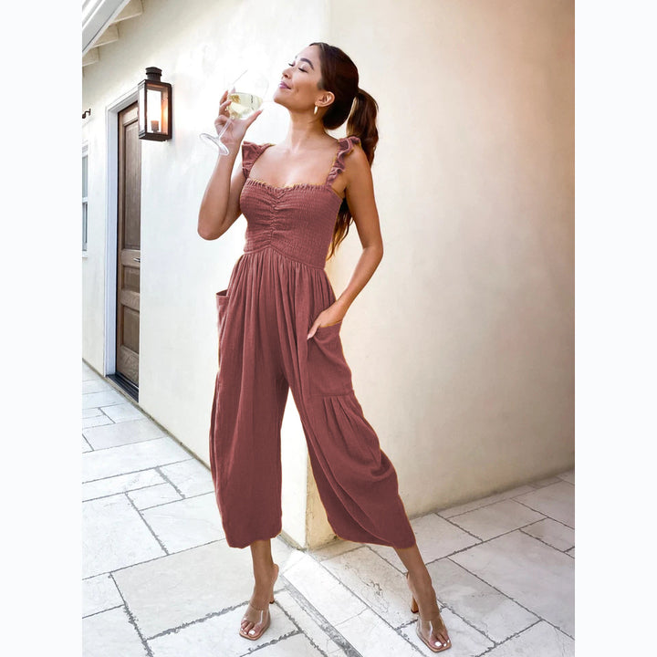 Dame Casual Jumpsuit med Frynset Skulderstropper og Praktiske Lommer