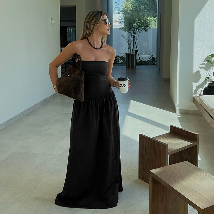 Damer elegant Bandeau-Maxi-kjole med svingende skjørt og elastisk midje Skjora