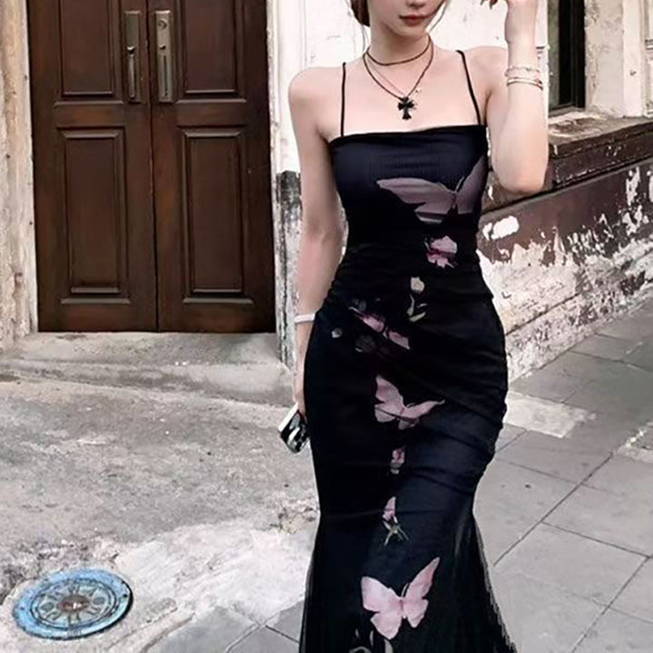 Dames elegant innhyse kjole med blomstret sommerfugl trykk og justerbare spagetti stropper