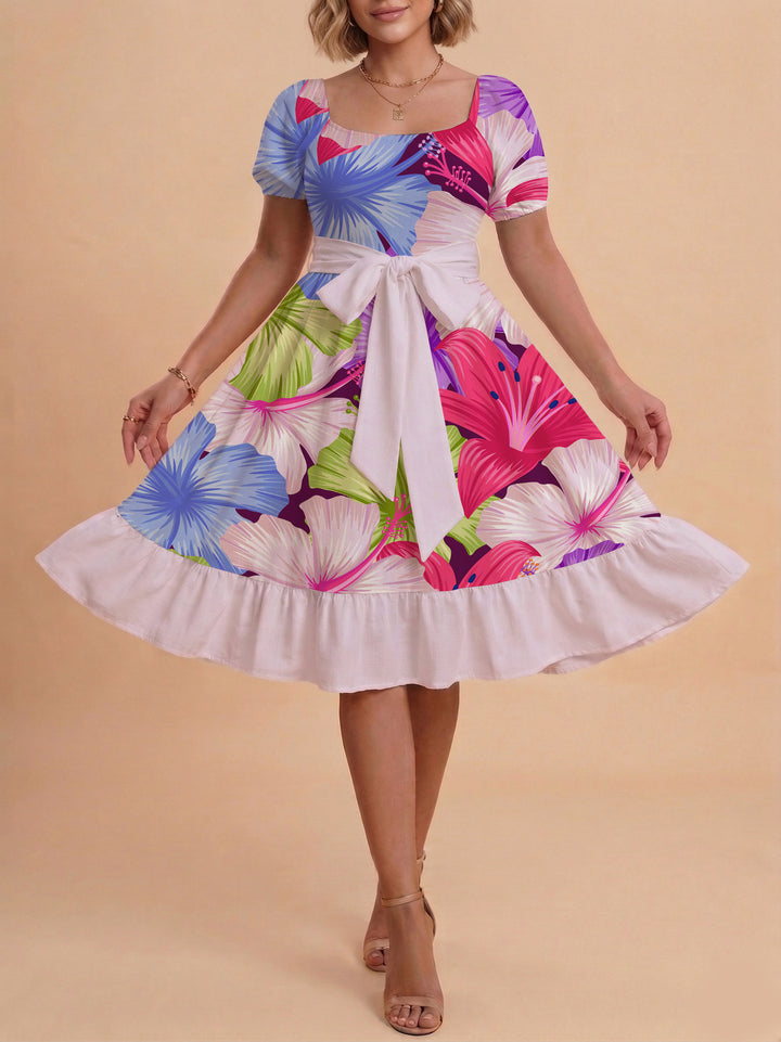 Damen modernes Blumenkleid mit elegantem Taillengürtel und asymmetrischem Saum Skjora