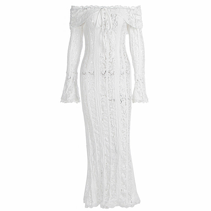 Dame Elegant spisskjole i figurnær passform med off-shoulder design Skjora