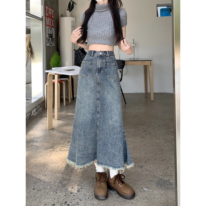 Kvinne Lang Denim Skjørt med Frynset Kant Skjora