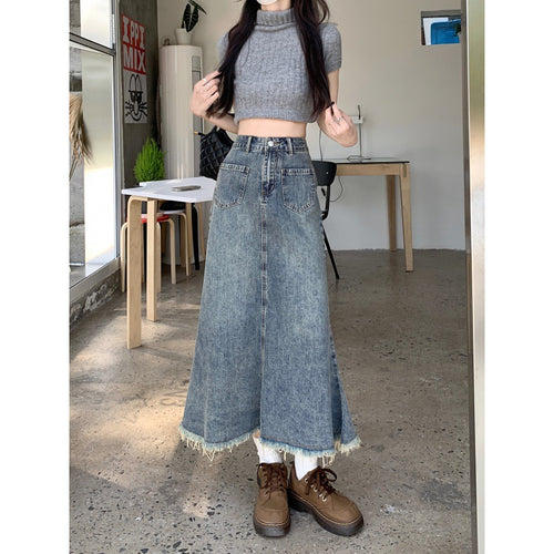 Kvinne Lang Denim Skjørt med Frynset Kant Skjora