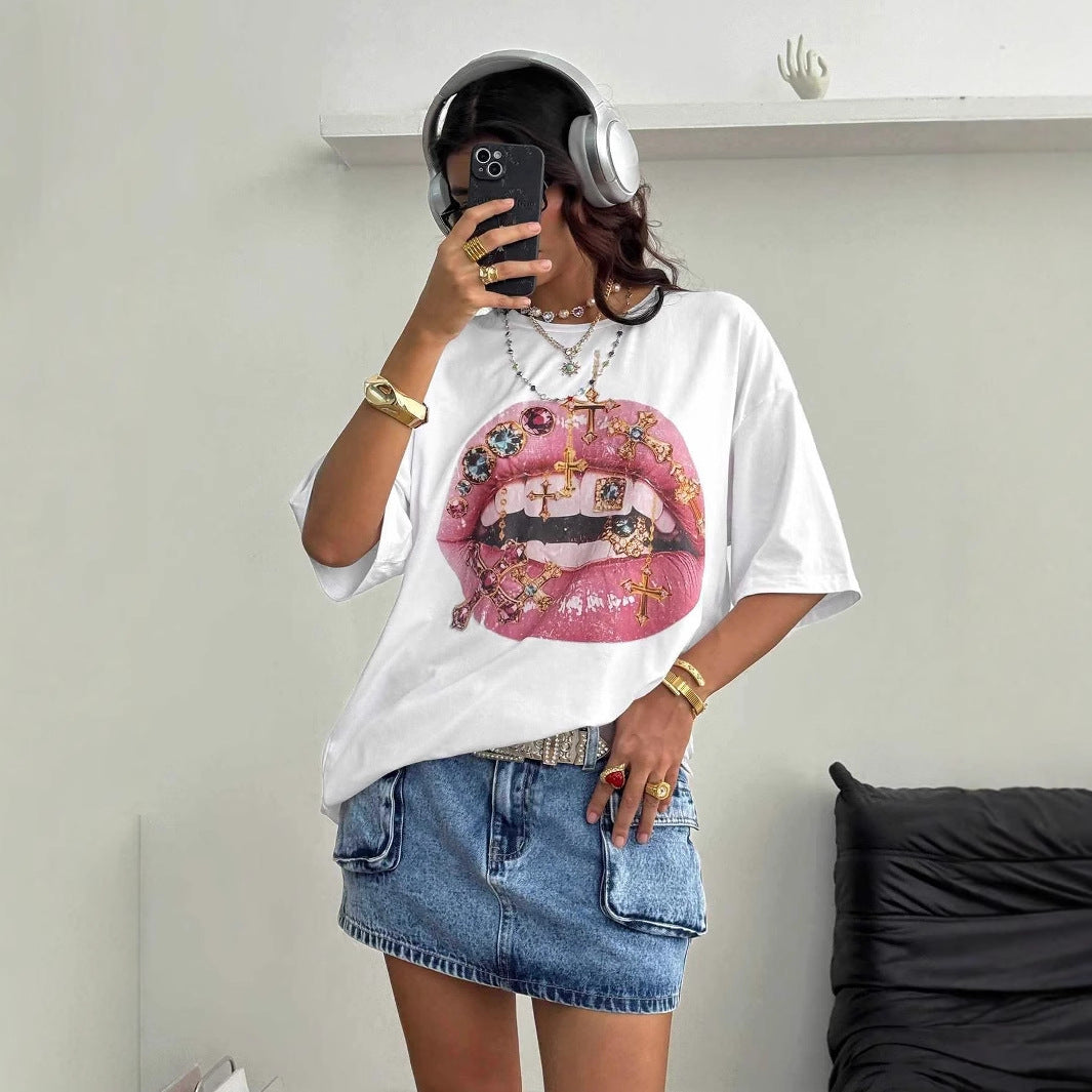 Dame Oversized T-skjorte med kreativ leppe- og smykkedesign Skjora