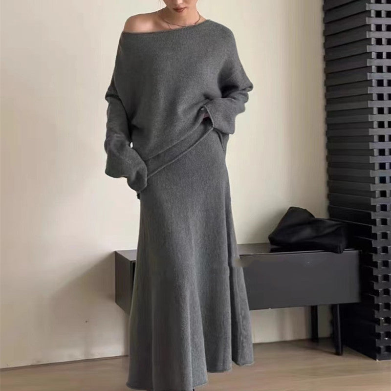 Kvinne Off-Shoulder Strikk Kjole i Casual Stil med Flytende Snitt Skjora