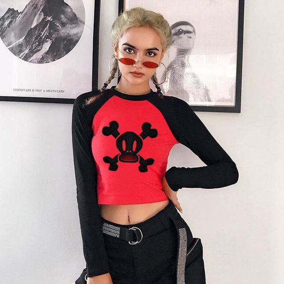 Dame trendy Raglan-crop-top med hodeskalle-trykk Skjora
