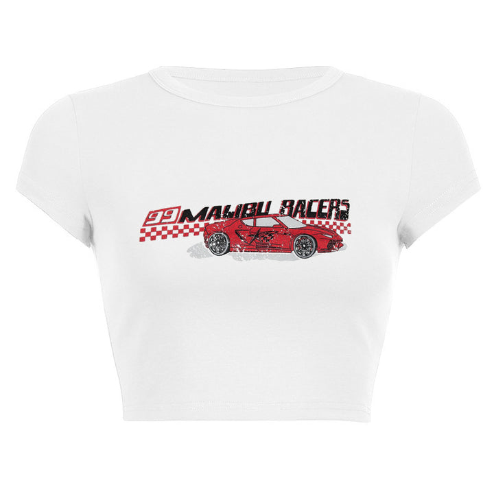 Dame cropped T-skjorte med retro racingbil-motiv Skjora