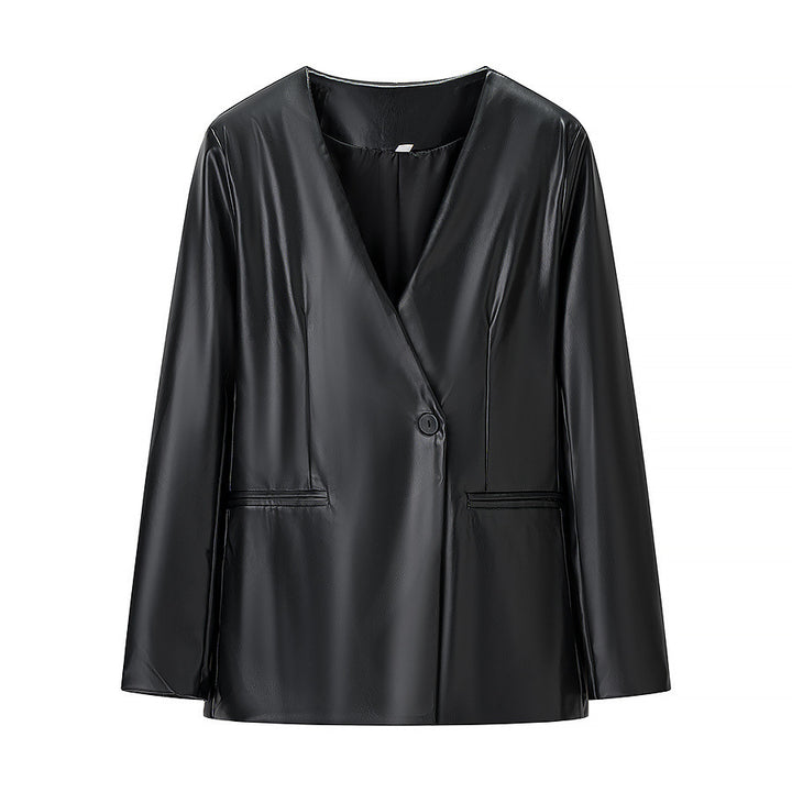Dame Elegant Fusk Skinn Blazer Jakke med Moderne Snitt og Lommer Skjora