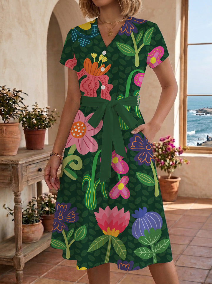 Damen Midikleid mit floralem Muster und Taillengürtel Skjora