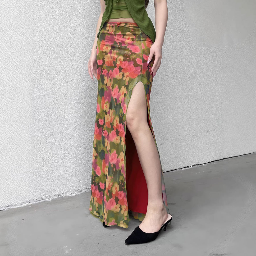 Dame Maxi skjørt med blomster chiffon-design og sidestilt Skjora