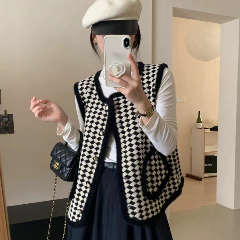 Damer trendy strikket vest med grafisk mønster Skjora