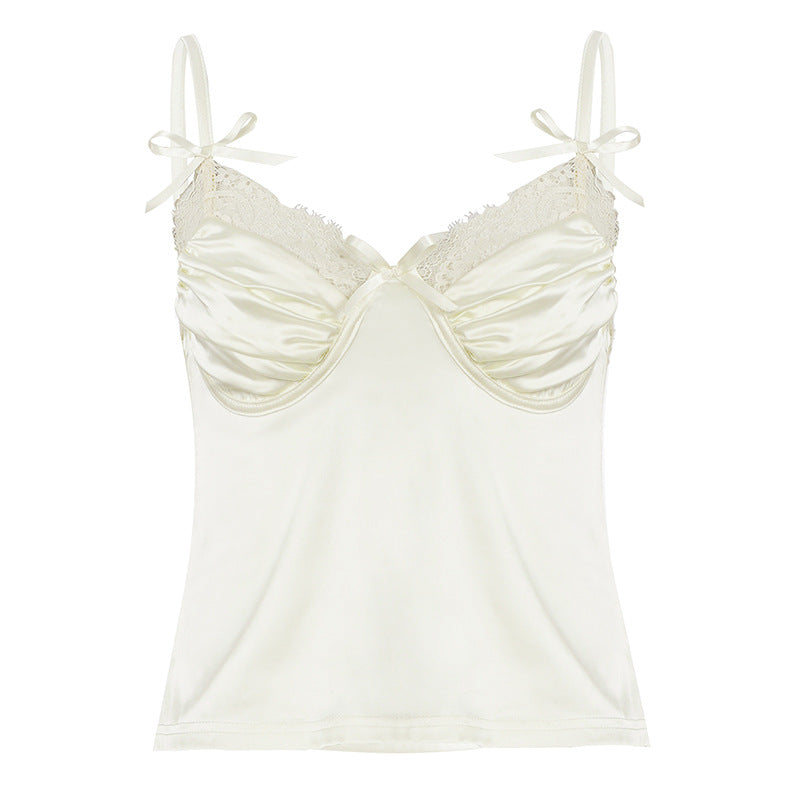 Dame Satin-Camisole med blonder og leken sløyfer Skjora