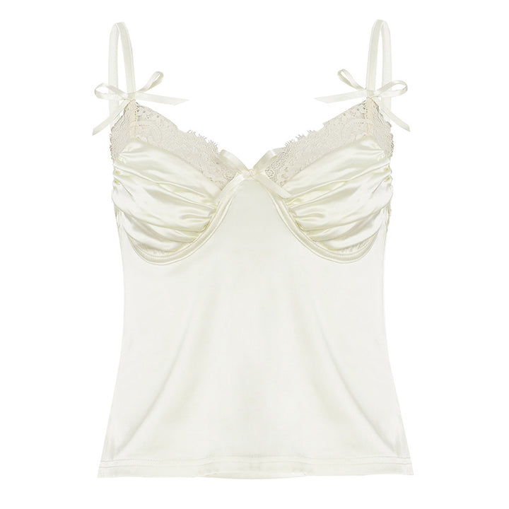 Dame Satin-Camisole med blonder og leken sløyfer Skjora