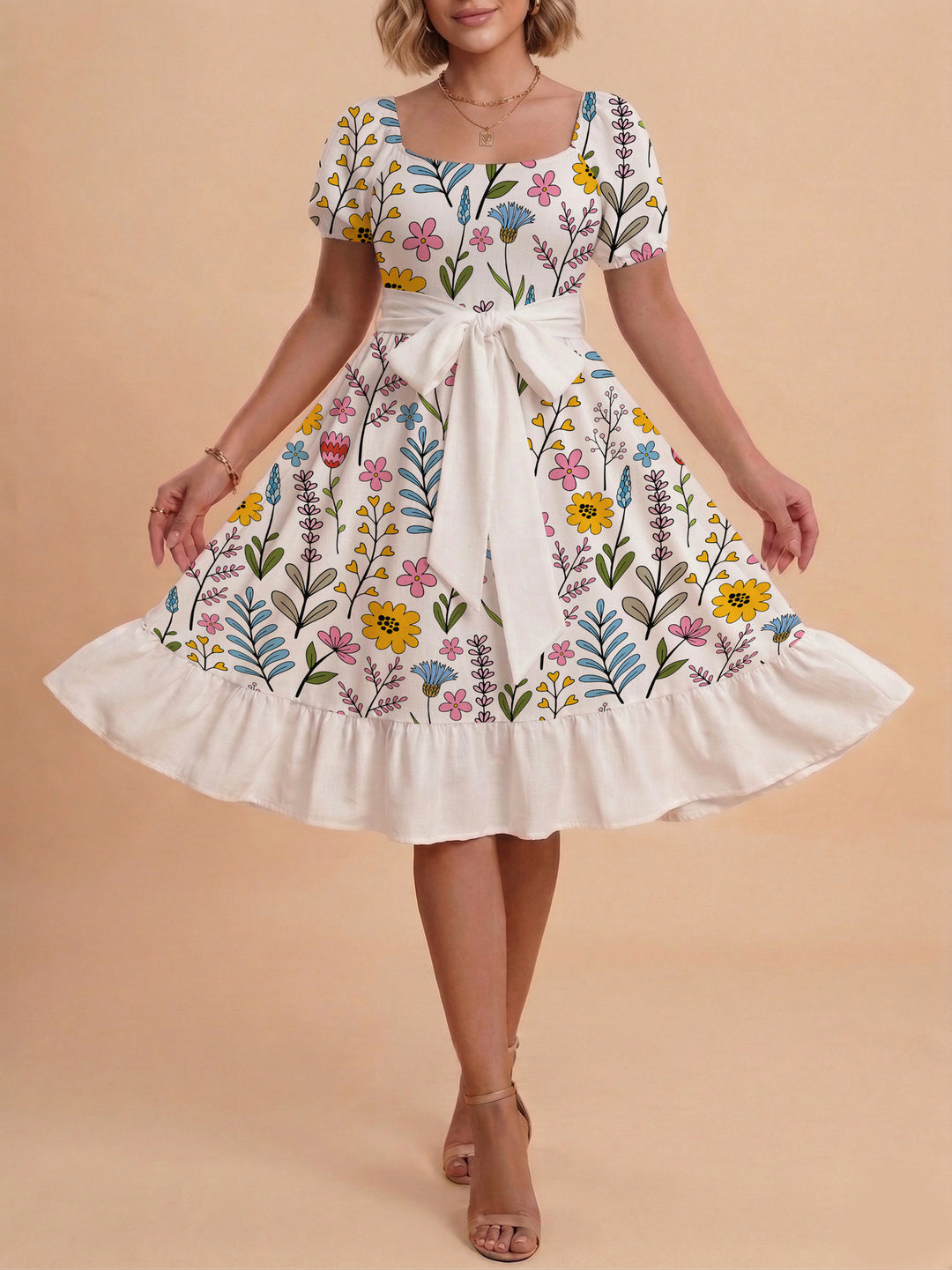 Damen Sommerkleid mit floralem Puffärmel und taillierbarem Gürtel Skjora