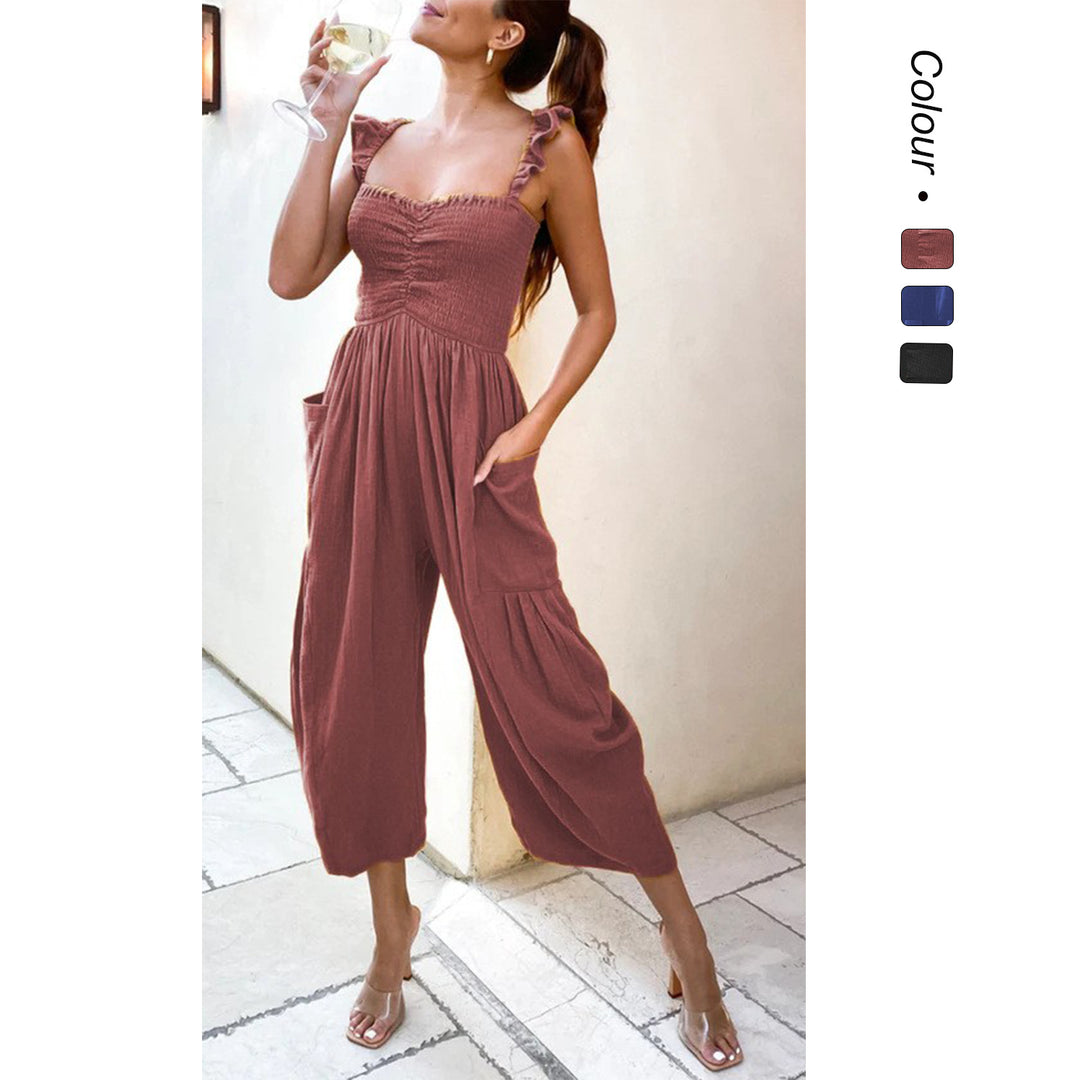 Dame Casual Jumpsuit med Frynset Skulderstropper og Praktiske Lommer