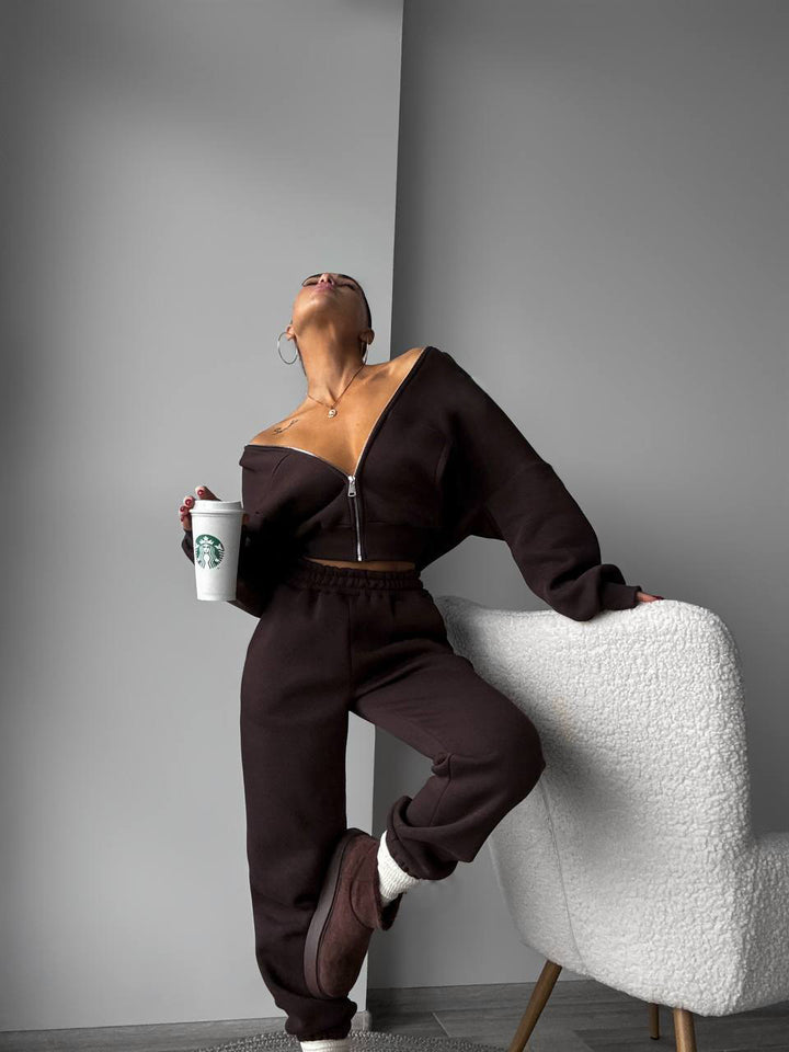 Kvinne Sporty Crop Set med Glidelås og Bred Band Skjora