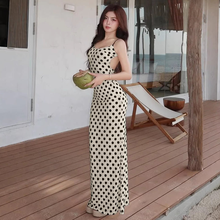 Damer Polka-Dots Maxikjole med spaghetti-stropper og elegant snitt Skjora