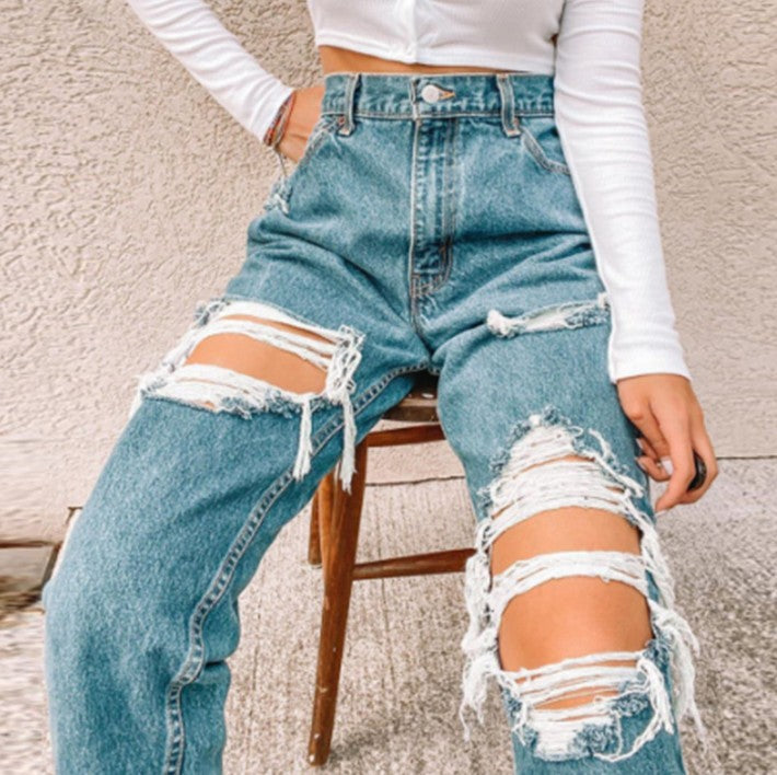 Damer Vintage Høyt liv Ødelagte Jeans med frynsede detaljer Skjora