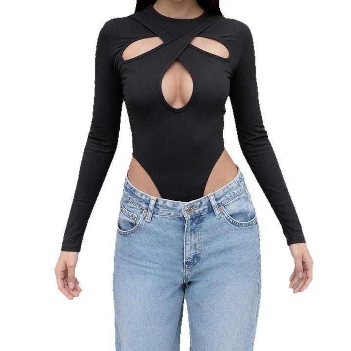 Dame Langermet Bodysuit med raffinert kryss-design og høy midje Skjora