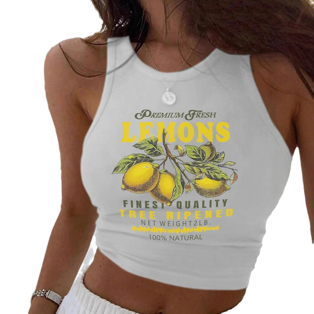 Dame Crop-Top med friskt sitronmotiv og avslappet snitt Skjora