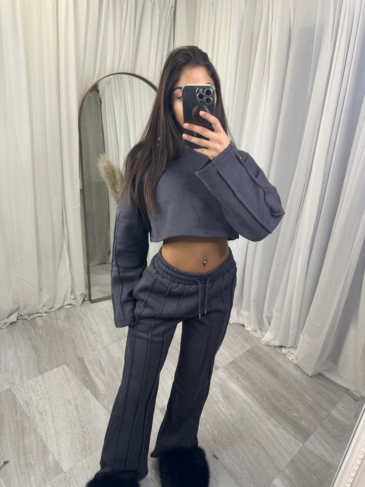 Dame Casual Crop Hoodie og Vid Joggebukse Sett Skjora