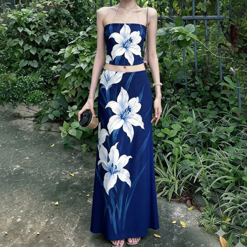 Dame Elegant Maxi Kjole med blomstret design og taillering Skjora