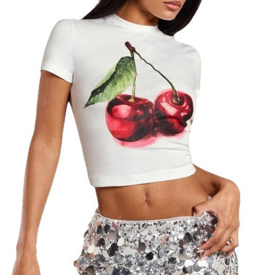 Dame Crop-T-Skjorte med fruktig kirsebærmotiv og tettsittende snitt Skjora
