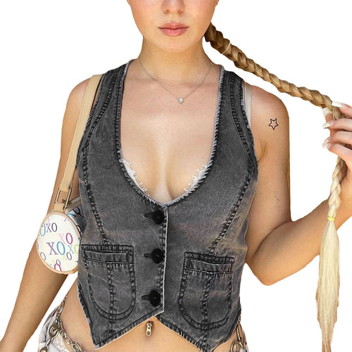 Dame Denim vest med moderne V-hals og praktiske lommer Skjora