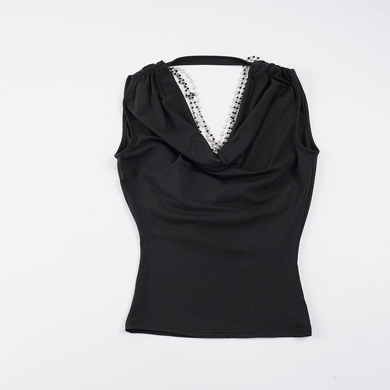Damer elegant Cowl Neck Tanktop med fine perlepynt Skjora