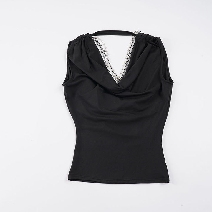 Damer elegant Cowl Neck Tanktop med fine perlepynt Skjora