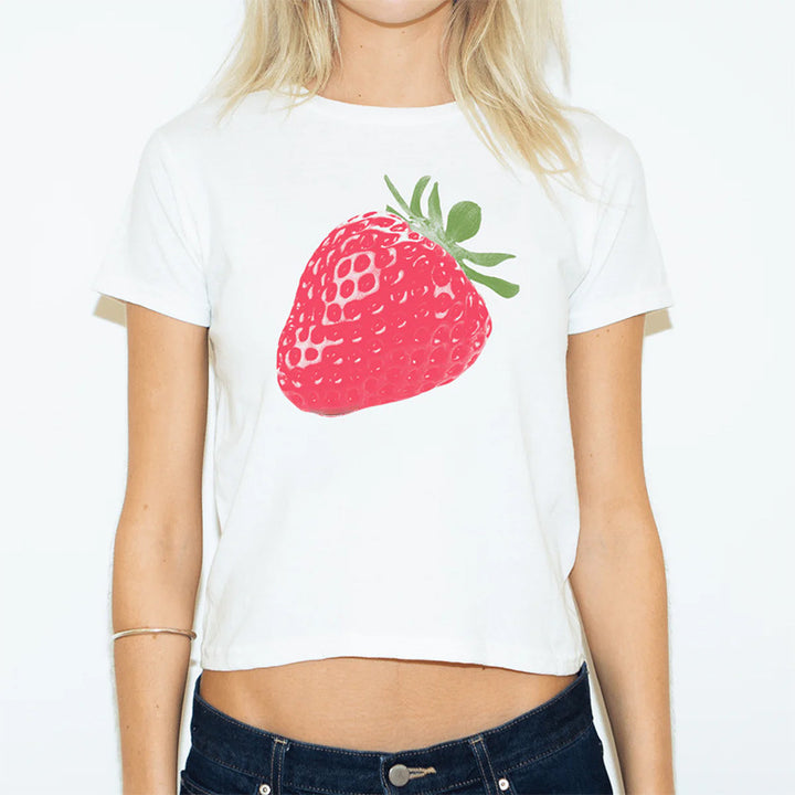 Dame cropped T-skjorte med fruktig jordbærdesign Skjora