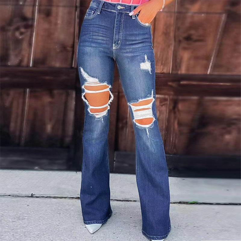 Dame Flared Jeans med fashionable ødelagte effekter og høy midje Skjora